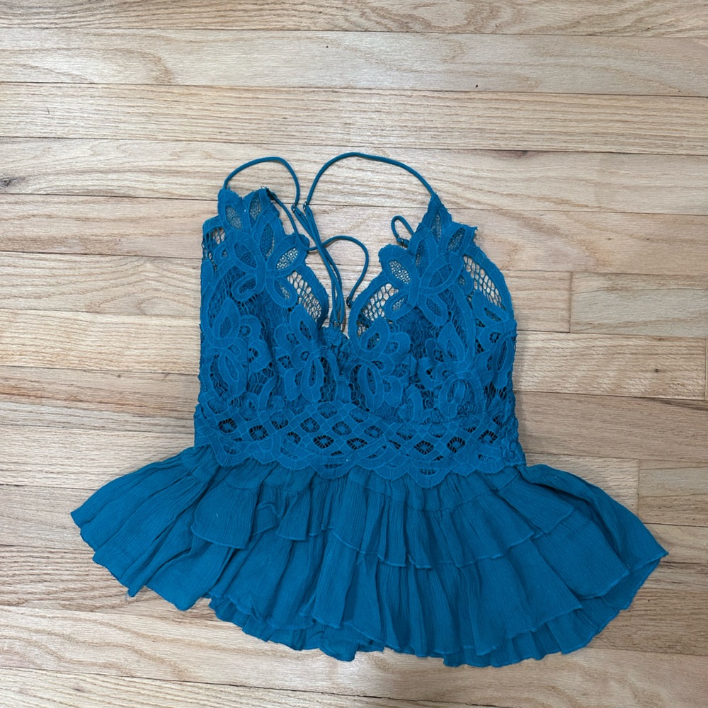 Free People Adella Blue Sleeveless Ruffled Blouse